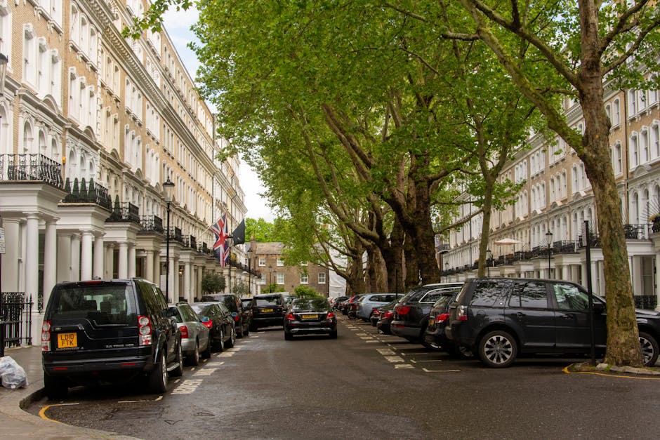 A residential street scene in Knightsbridge with white terraced houses featuring black wrought iron balconies and window railings, and Union Jack flags displayed on some buildings. Large, mature trees with broad green canopies line the street, providing shade to parked vehicles below. On the left, a black van with a yellow registration plate is parked alongside a line of cars including sedans and hatchbacks, all positioned within designated parking bays marked by white lines. The pavement is wet, reflecting the vehicles and trees. The scene captures a home relocation or furniture transport process, with Knightsbridge Removals possibly arranging the loading or unloading of household items nearby, though no moving activity is visible in this still image. The overall setting emphasizes an organized, residential environment suitable for house removals requiring parking permits and careful planning for loading and transport.